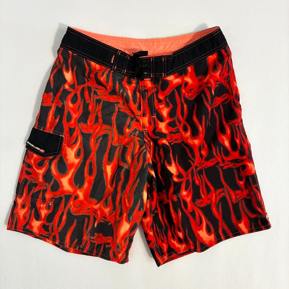 Vtg 90s Quiksilver USA Made Board Shorts Mens Size 34 Flames Swim Trunks Surf